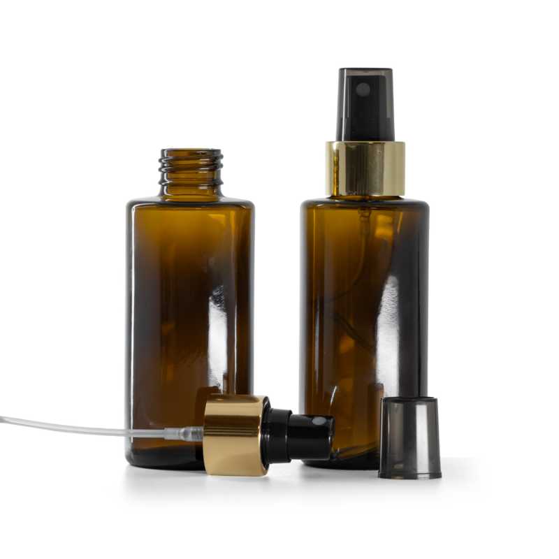 Braunglasflasche, gerader Hals, 24 mm, schwarzer Sprühkopf mit glänzend goldenem Ring, 100 ml