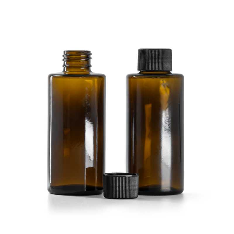 Glasflasche, gerader Hals, 24 mm, schwarzer gerippter Verschluss, 100 ml