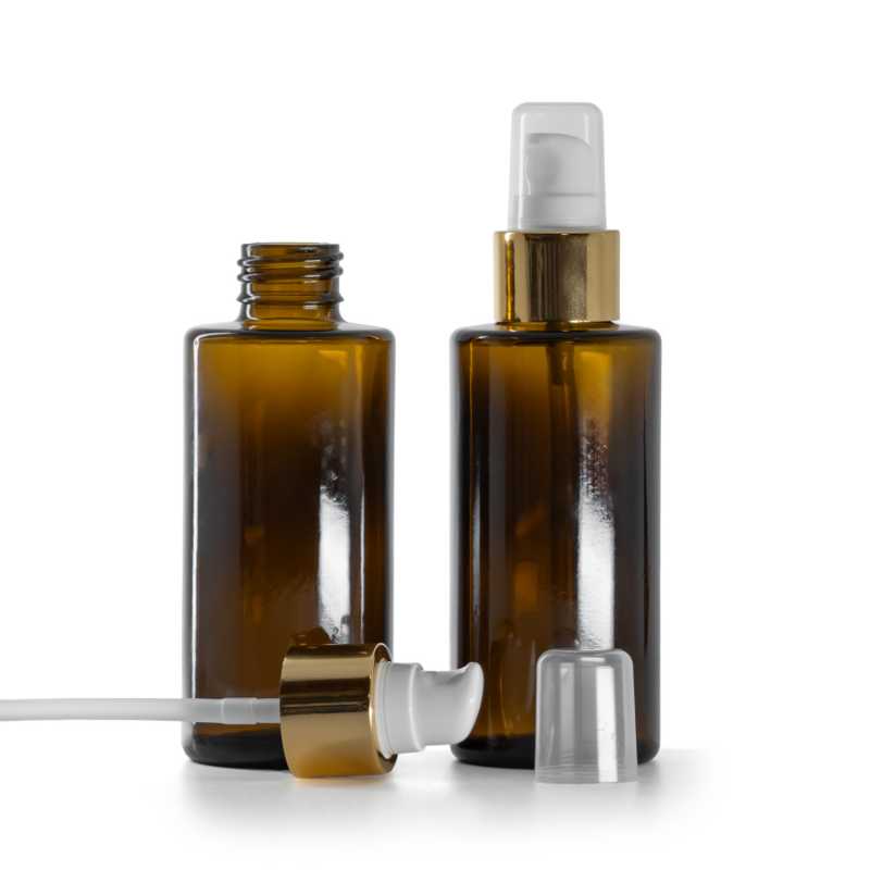 Braunglasflasche, gerader Hals, 24 mm, weißer Spender mit Kappe, glänzend gold, 100 ml