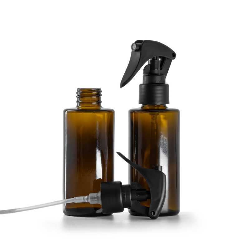 Braunglasflasche, gerader Mündungsrand, 24 mm, Mini-Trigger-Sprühkopf, mattschwarz, glatter Halsring