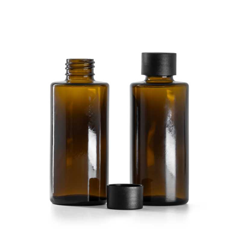 Braunglasflasche mit geradem Hals 24 mm mit mattschwarzem Kunststoffverschluss 100 ml