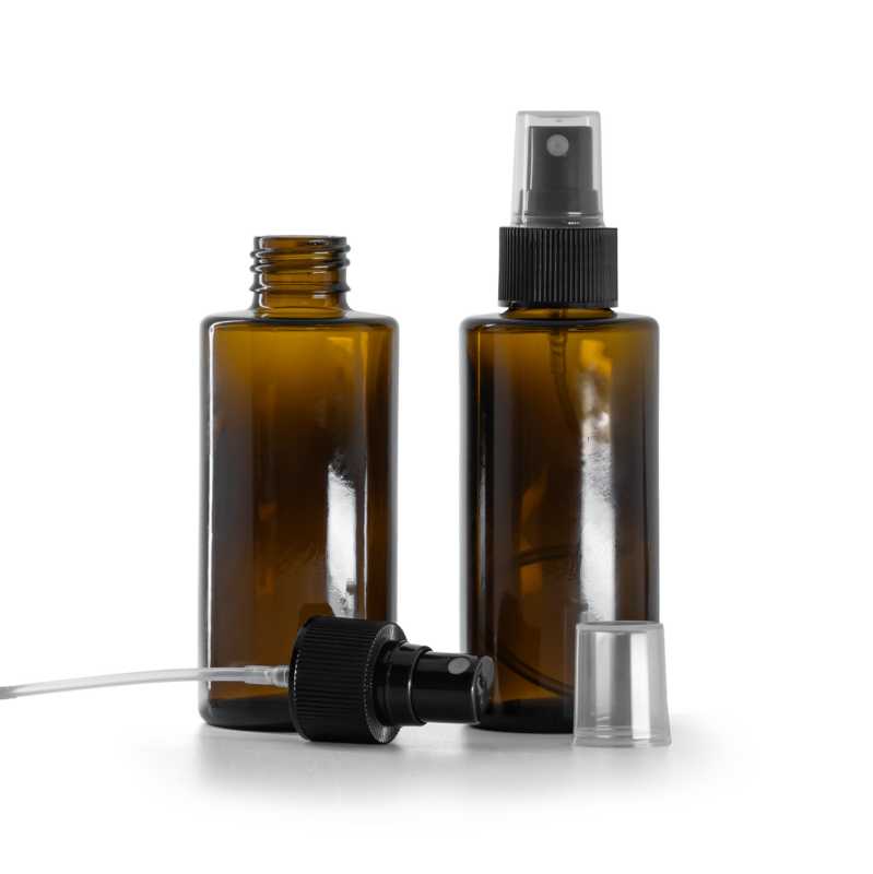 Braunglasflasche, gerader Hals, 24 mm, schwarzer Zerstäuber, 100 ml