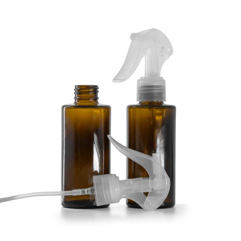 Glasflasche, gerader Hals, 24 mm, transparenter Mini-Trigger-Sprühkopf, 100 ml