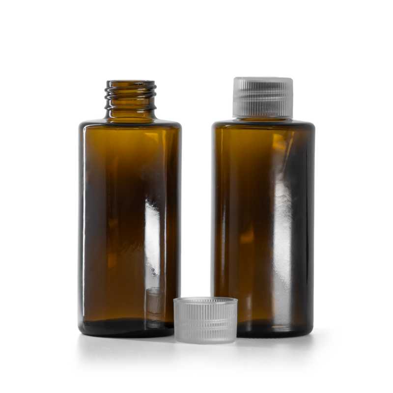 Braunglasflasche, gerader Hals, 24 mm, transparenter Verschluss, 100 ml