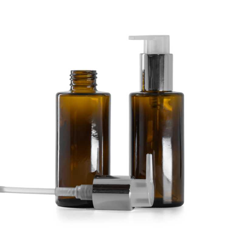 Braunglasflasche, gerader Hals, 24 mm, silberner Spender, 100 ml