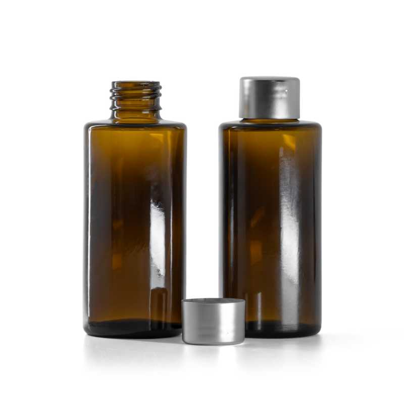 Braunglasflasche, gerader Hals, 24 mm, Silberverschluss, 100 ml