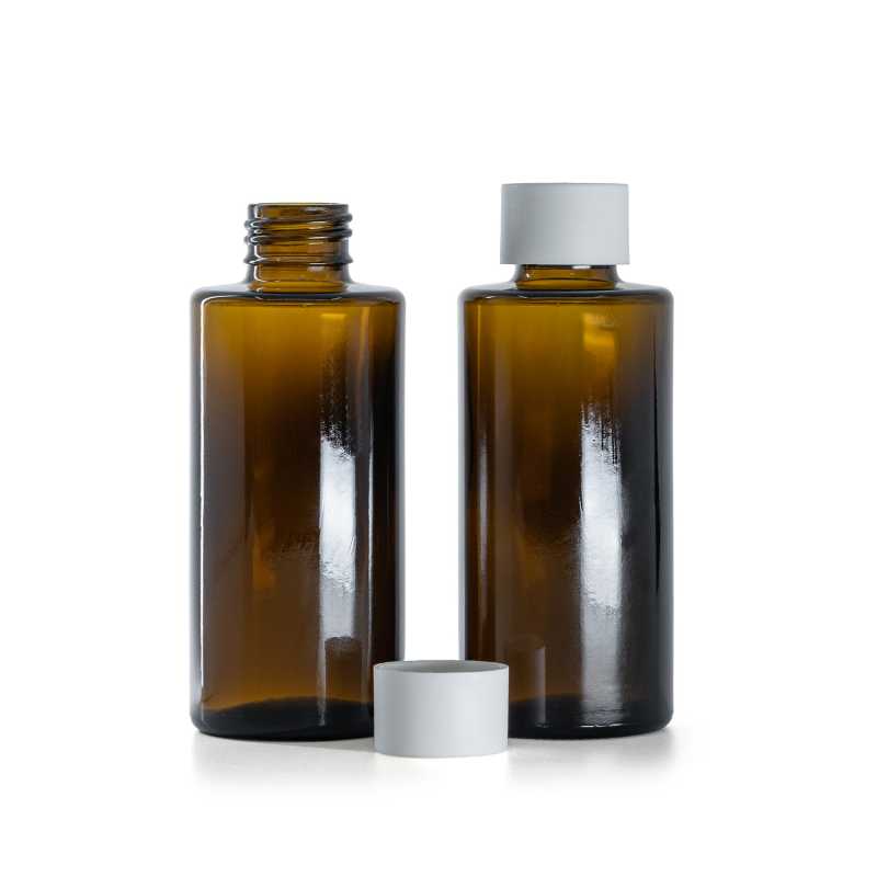 Braunglasflasche, gerader Hals, 24 mm, mattweißer Verschluss, 100 ml