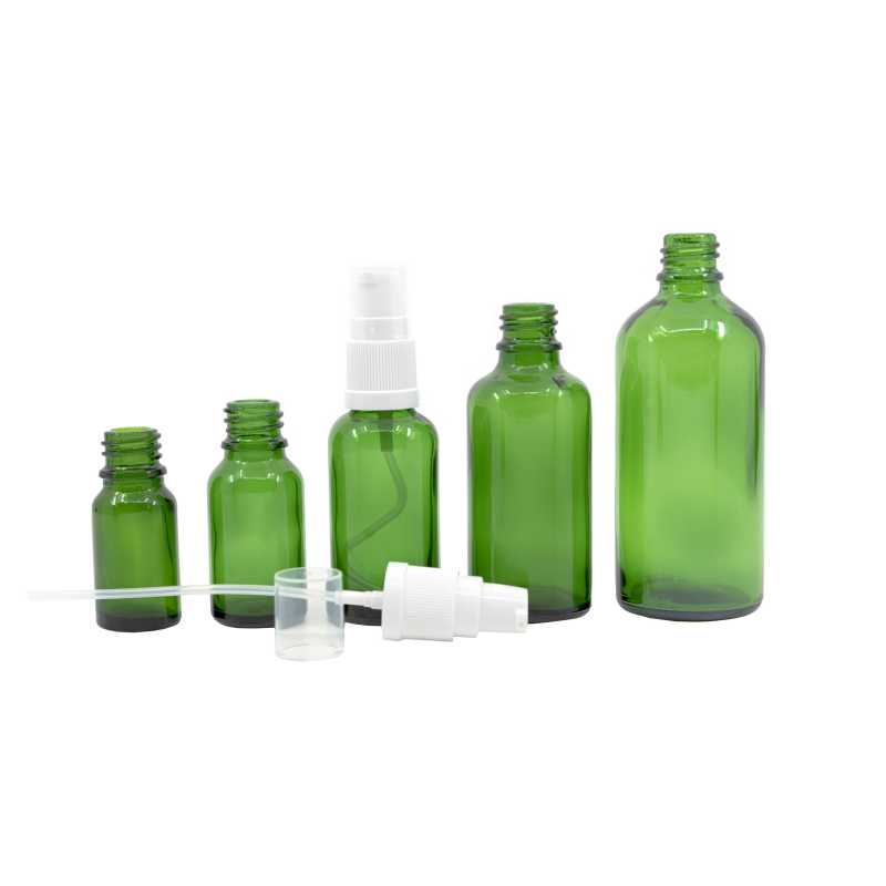 Grüne Glasflasche, weiße Lotionpumpe, 100 ml