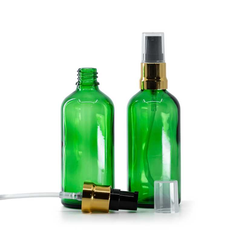 Grüne Glasflasche, glänzende gold-schwarze Pumpe mit klarer Kappe, 100 ml