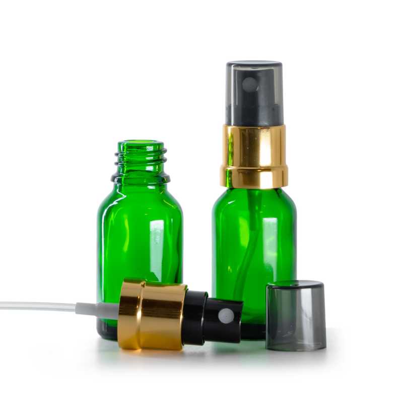 Grüne Glasflasche, schwarzer Zerstäuber mit glänzender Goldkappe, Smokey-Überkappe, 15 ml