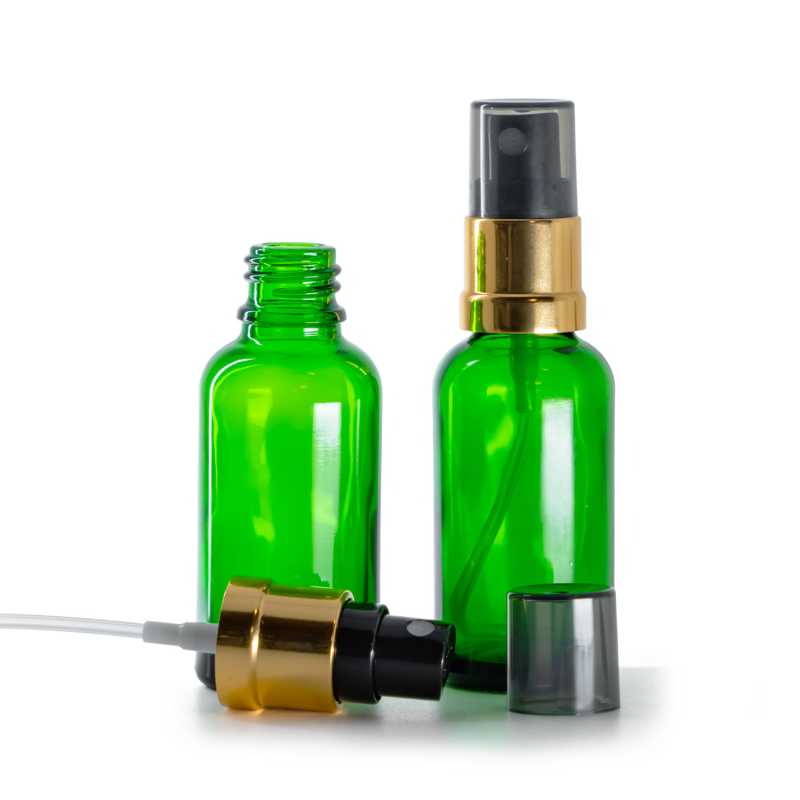 Grüne Glasflasche, schwarzer Sprühaufsatz mit glänzender goldener Hülse, Smokey-Überkappe, 30 ml