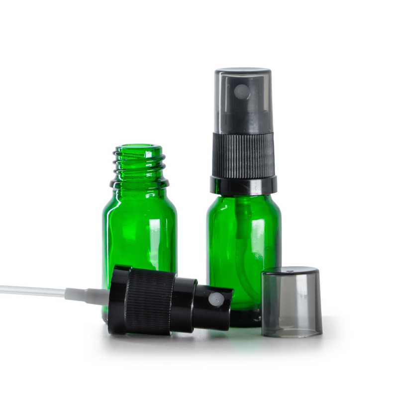 Glasfläschchen grün, schwarzer Sprühzerstäuber mit rauchfarbener Überkappe, 10 ml