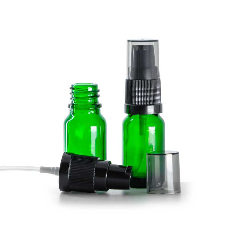 Grünes Glasfläschchen, schwarzer Cremespender mit rauchfarbener Überkappe, 10 ml