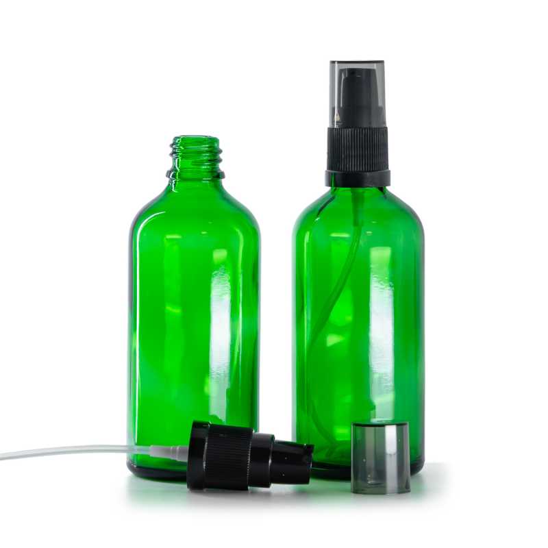 Flakon, Glas, grün, Lotionpumpe mit rauchfarbenem Überkappe, 100 ml