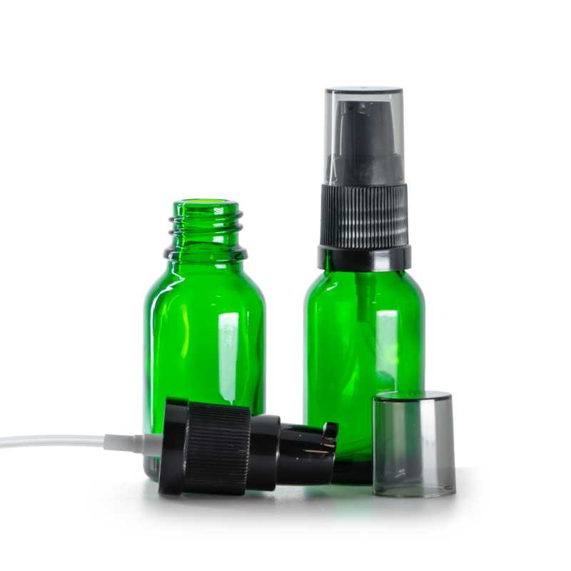 Grüne Glasflasche, Lotionpumpe mit rauchfarbener Überkappe, 15 ml