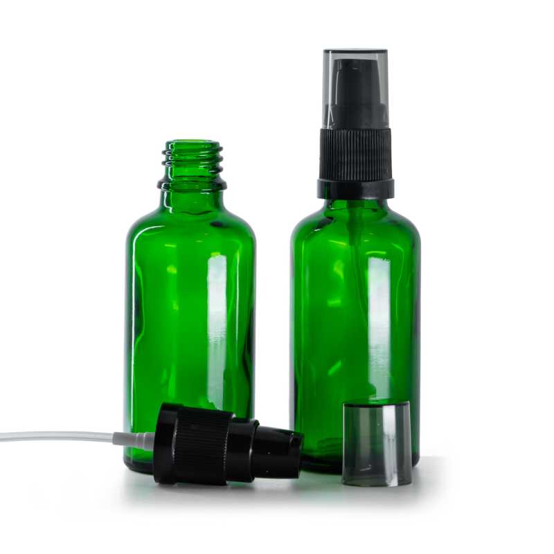 Grünes Glasfläschchen, Cremespender mit rauchfarbener Überkappe, 50 ml