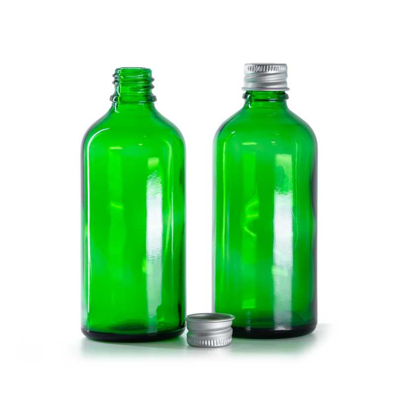 Grünes Glasfläschchen, Aluminiumverschluss, 100 ml