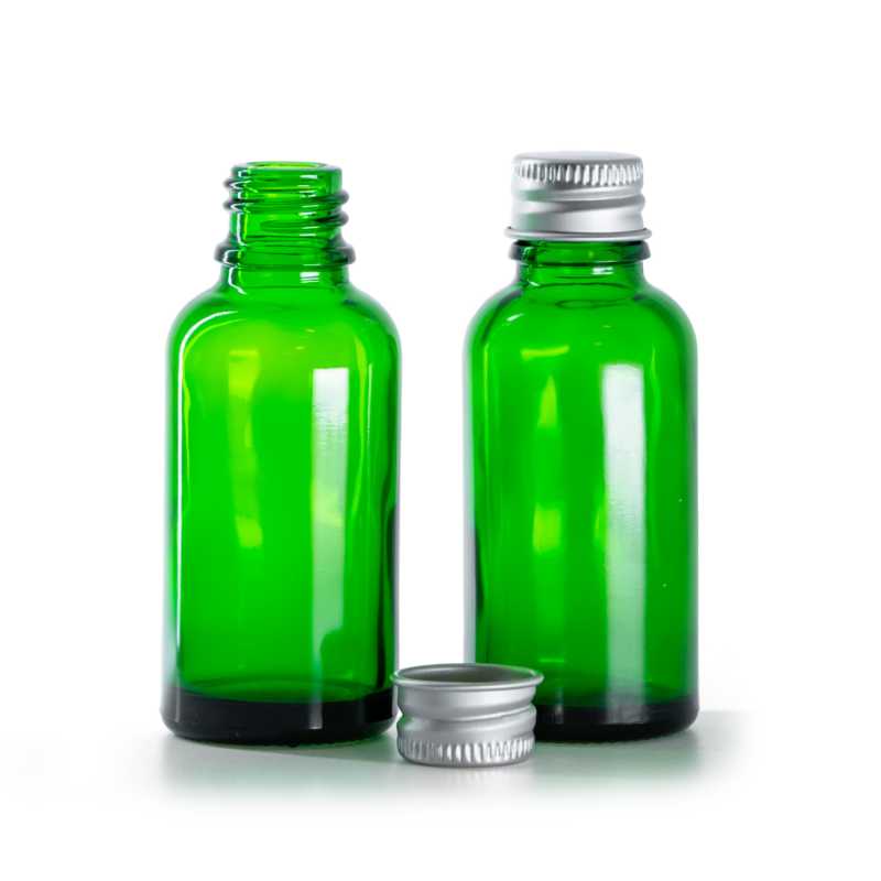 Grünes Glasfläschchen, Aluminiumverschluss, 30 ml