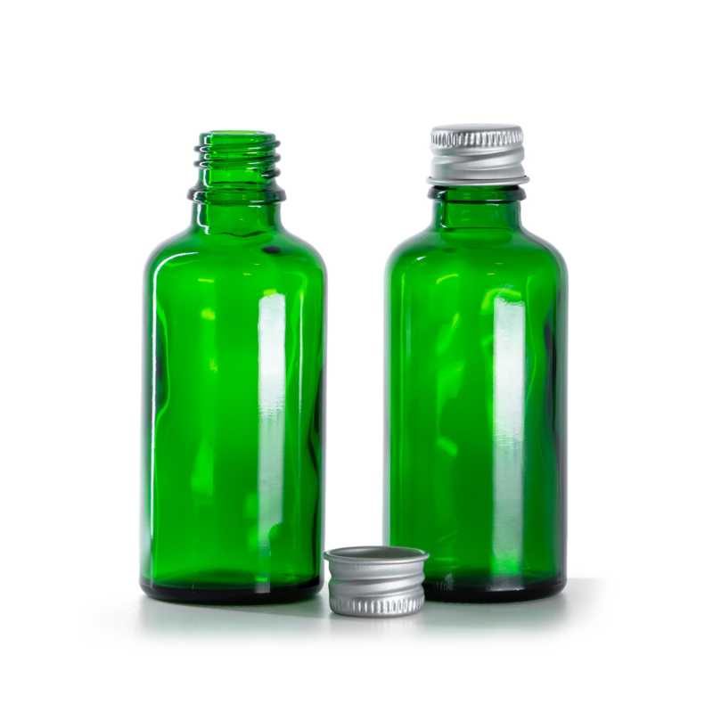 Grünes Glasfläschchen, silberner Aluminiumverschluss, 50 ml