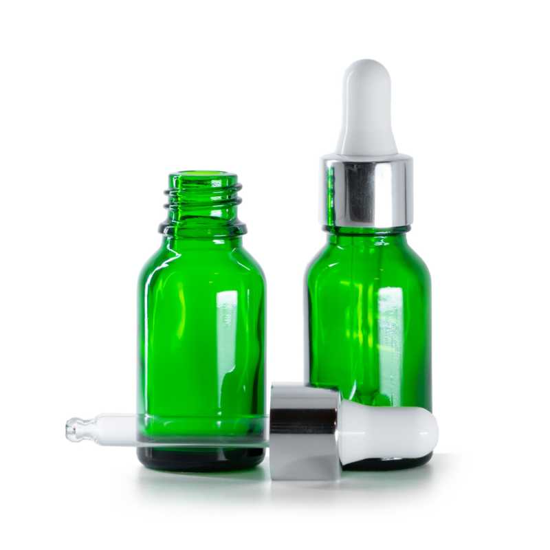 Grüne Glasflasche mit glänzender silberner Pipette, 15 ml