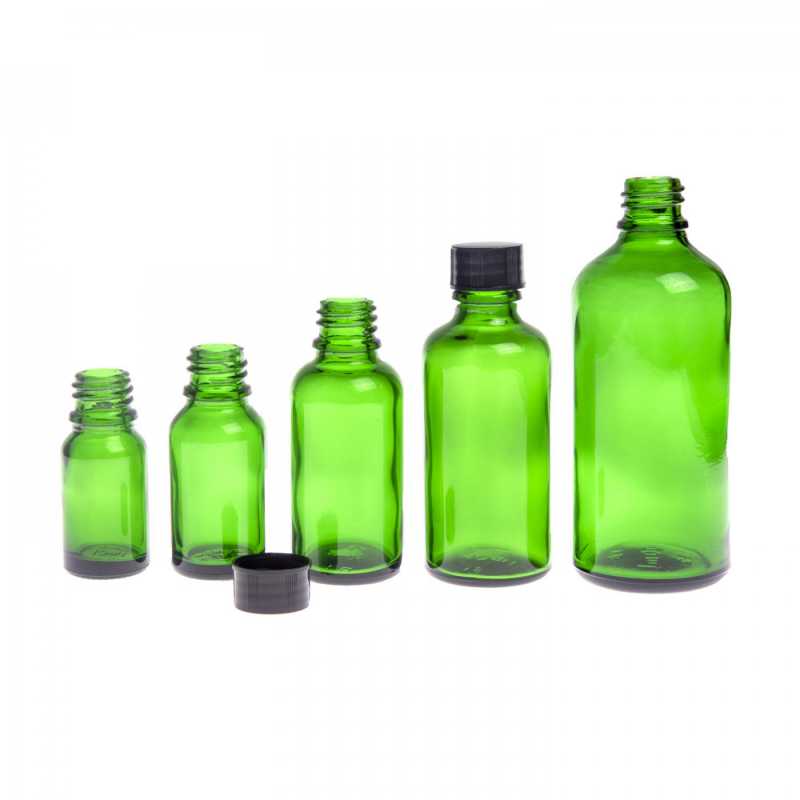 Grüne Glasflasche, schwarzer Verschluss, 100 ml
