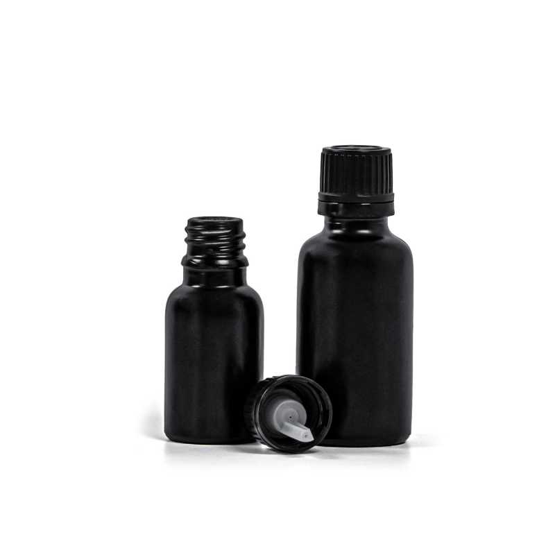 Mattschwarze Glasflasche, schwarze Kappe und Tropfer 30 ml