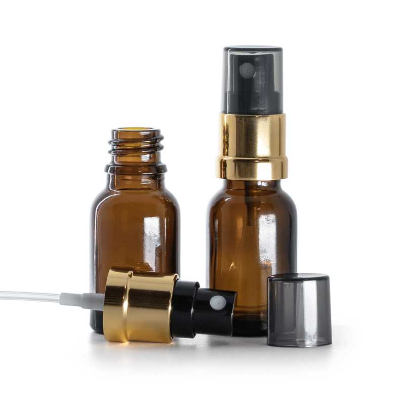 Braunglasflasche, schwarz-goldener Sprühaufsatz, Smokey-Überkappe, 15 ml