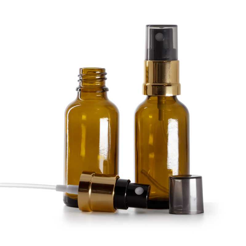 Braunglasflasche mit schwarz-goldenem Sprühkopf und Smokey-Überkappe, 30 ml