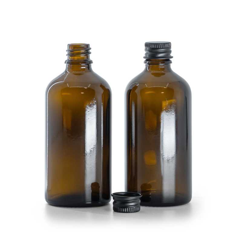 Braunglasflasche, schwarzer Aluminiumdeckel, 100 ml