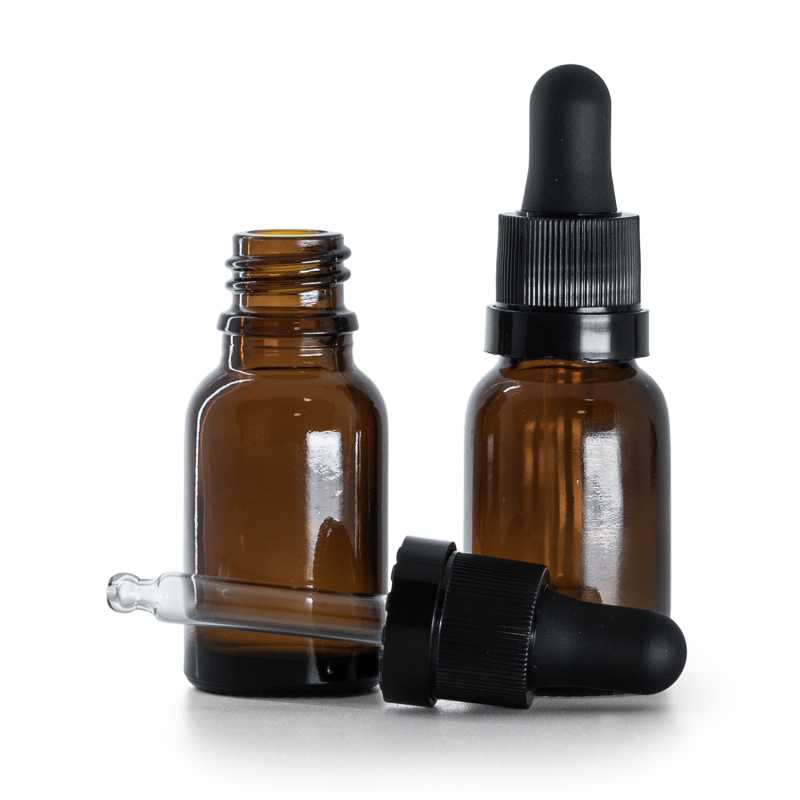 Braunglasflasche, mattschwarzer Tropfer mit glänzendem Streifen, 15 ml