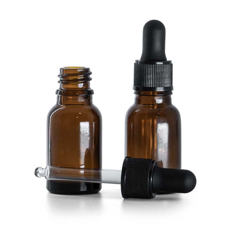 Braunglasflasche, mattschwarzer Tropfenzähler, 15 ml