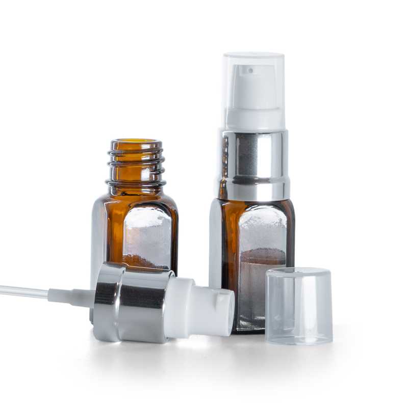 Ambre Glasflasche viereckig, glänzend silber-weiß, Pumpe, 10 ml