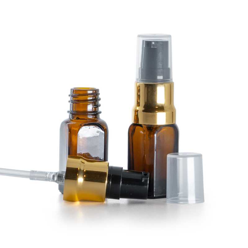 Quadratische Bernsteinglasflasche, glänzende gold-schwarze Pumpe mit klarer Überkappe, 10 ml