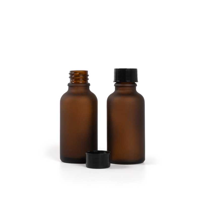 Braunglasflasche, mattiert, schwarzer Verschluss, 30 ml