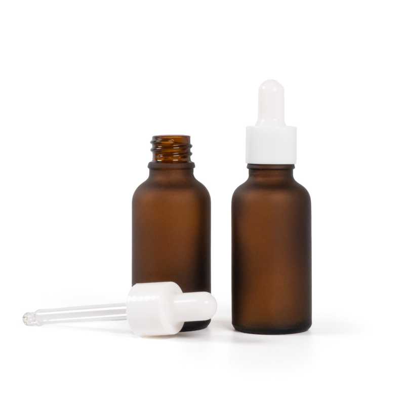 Bernsteinfarbene Mattglasflasche, glänzender weißer Tropfenzähler, 30 ml