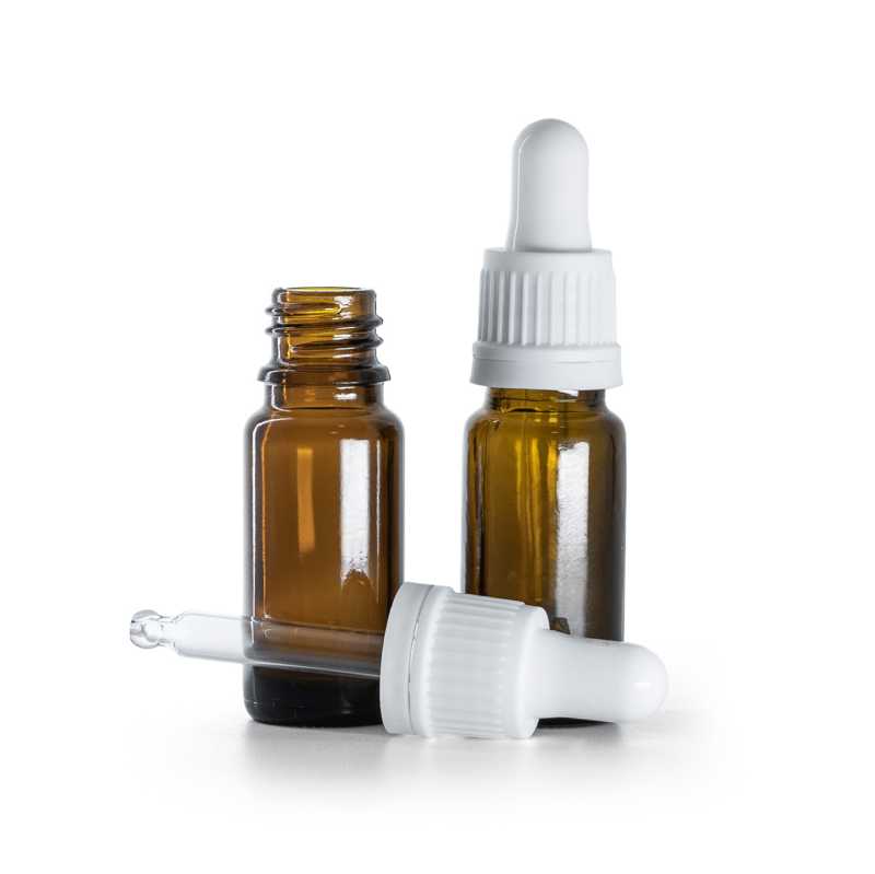 Braunglasflasche, Typ B Slim, weißer Tropfenzähler, 10 ml