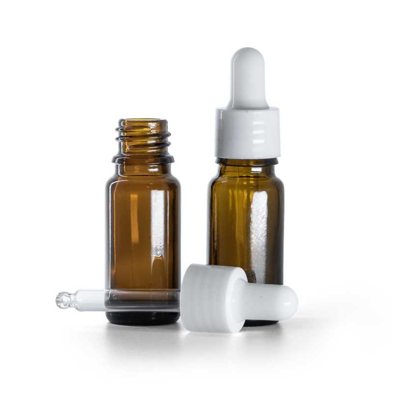 Braunglasflasche, Typ B, schlank, glänzend weißer Tropfer, 10 ml