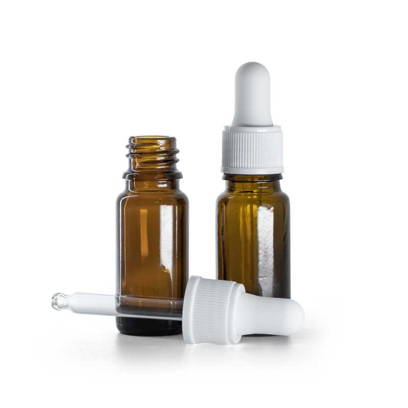 Braunglasflasche, Typ B, schlank, mattweißer Tropfeinsatz, 10 ml