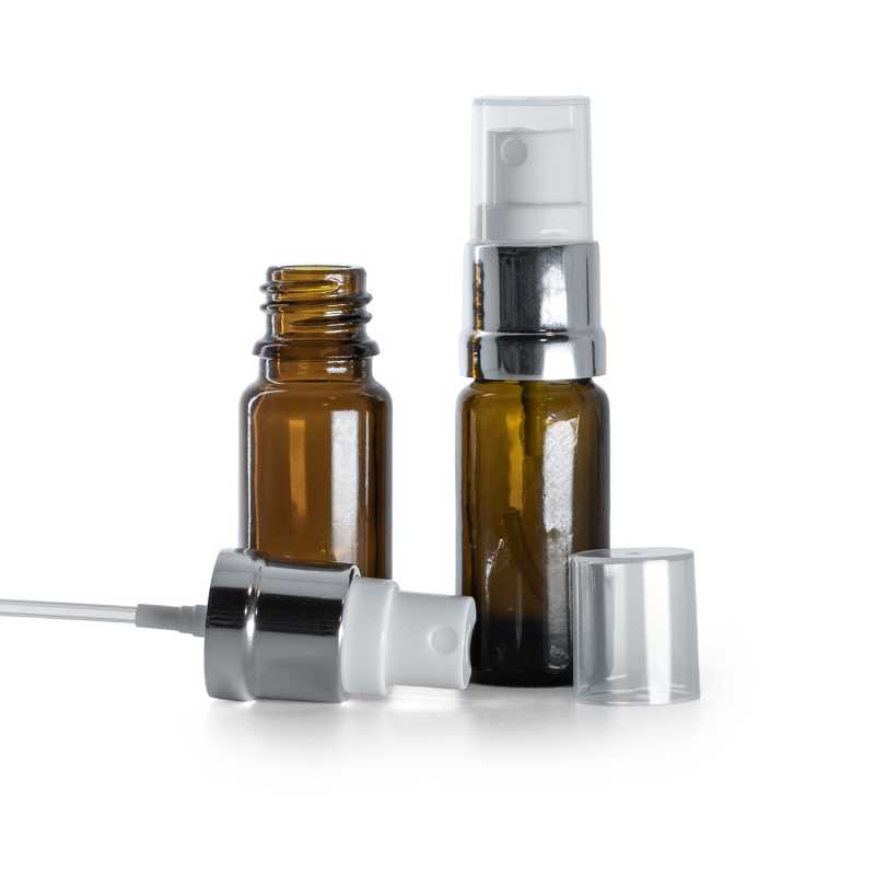 Braunglasflasche, Typ B, schlank, silberweißes Spray, 10 ml