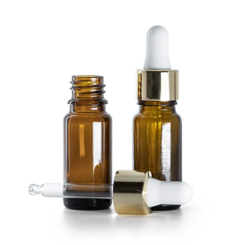 Braunglasflasche, Typ B, schlank, gold-weißer Tropfenzähler, 10 ml