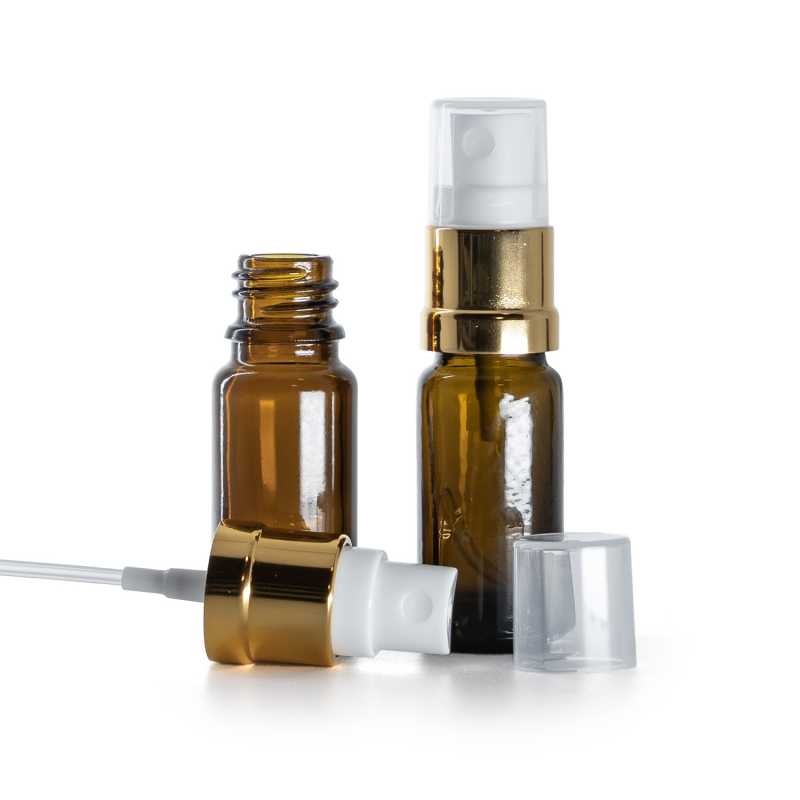 Braunglasflasche, Typ B, schlank, goldweißes Spray, 10 ml