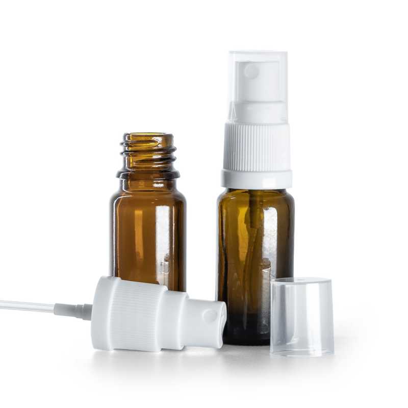 Braunglasflasche, Typ B, schlank, weißes Spray, 10 ml