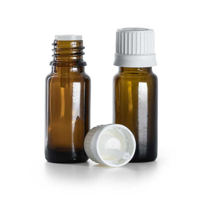 Braunglasflasche, Typ B, schlank, weißer Originalitätsverschluss & Tropfer, 10 ml