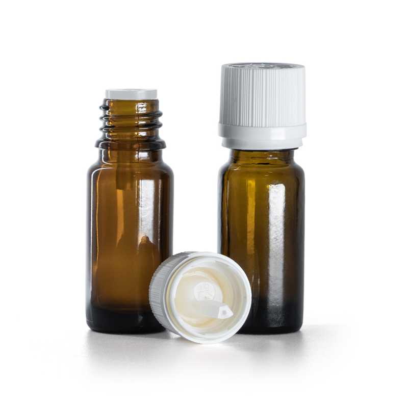 Braunglasflasche, Typ B, schlank, weiße Sicherheitskappe mit Originalitätssicherung und Tropfer, 10 