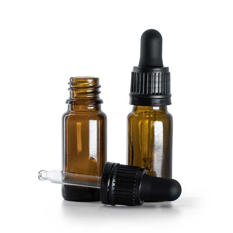 Braunglasflasche, Typ B, schlank, schwarzer Originalitätssicherungstropfer, 10 ml