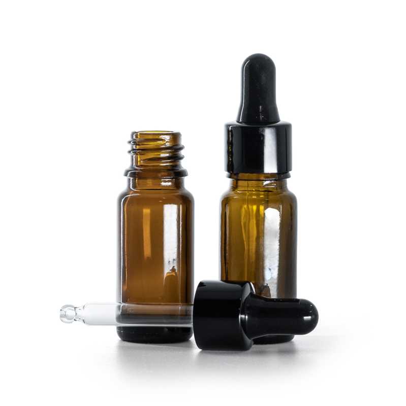Braunglasflasche, Typ B, schlank, schwarz glänzender Tropfer, 10 ml