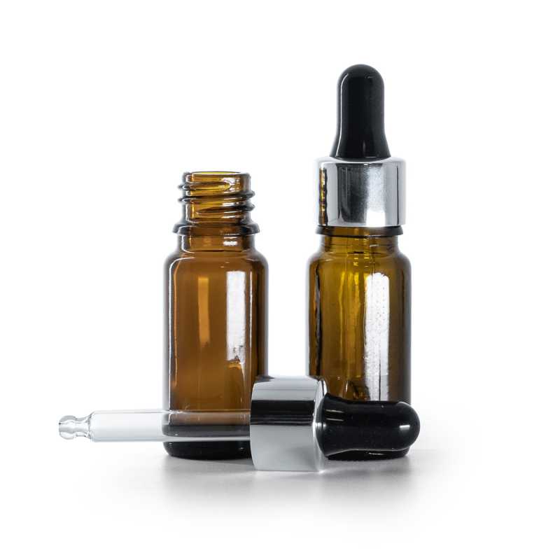 Braunglasflasche, Typ B, schlank, glänzend silber-schwarzer Tropfer, 10 ml