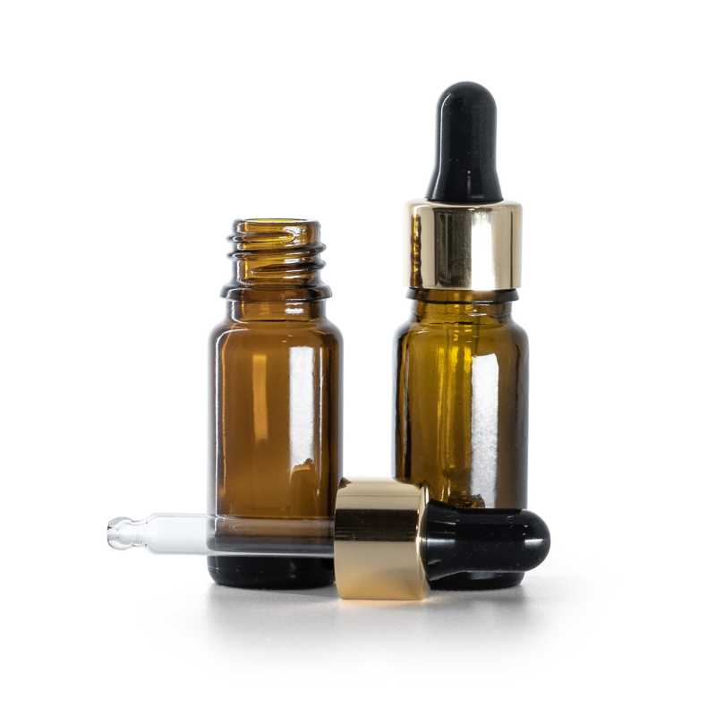 Braunglasflasche, Typ B, schlank, gold-schwarzer Tropfenzähler, 10 ml