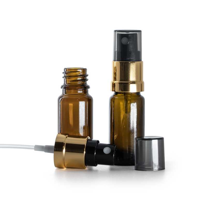 Braunglasflasche Typ B, schlank, Schwarz-Gold Sprühkopf, smoky Overcap, 10 ml