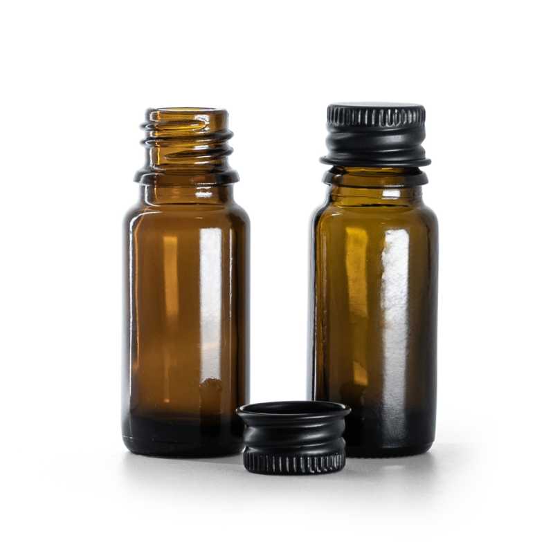 Braunglasflasche, Typ B, schlank, schwarzer Aluminiumdeckel, 10 ml